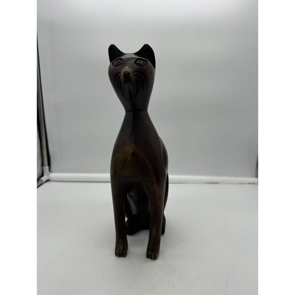 Vintage MCM Tall Solid Wood Carved Cat Statue Figure 12 Inch-AS IS - Picture 1 of 8